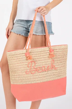 Color Sewn Beach Letter and Strap Crochet, Fabric Tote Bag Coral - Pack of 6