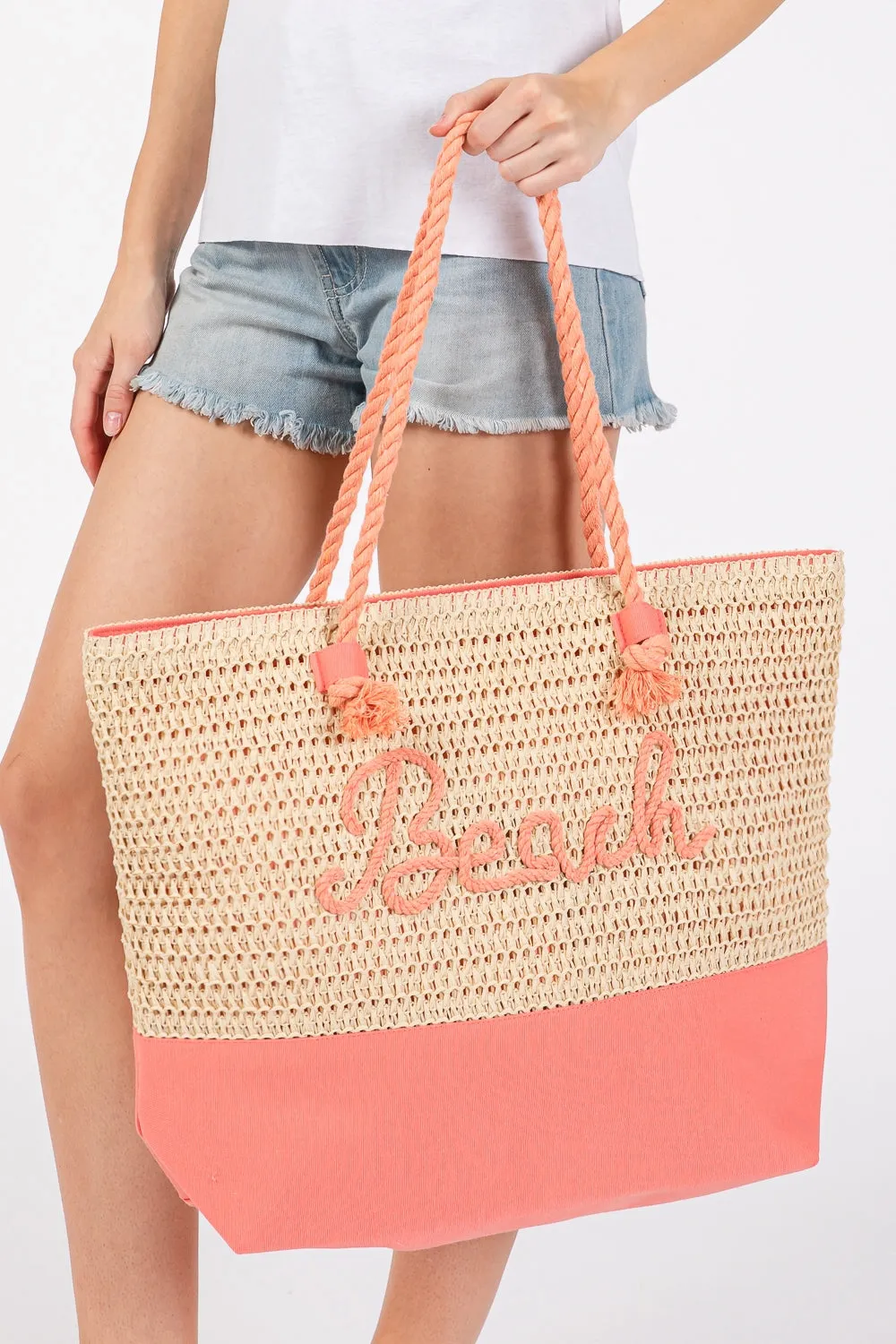 Color Sewn Beach Letter and Strap Crochet, Fabric Tote Bag Coral - Pack of 6