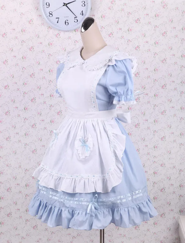 Cotton Blue Ruffles School Lolita Dress With Apron
