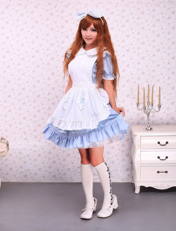 Cotton Blue Ruffles School Lolita Dress With Apron