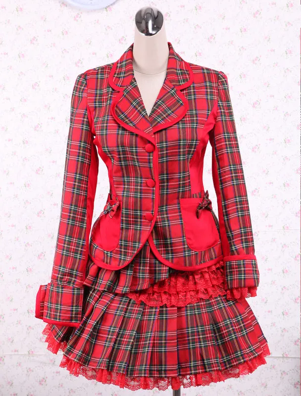 Cotton Red Gingham School Lolita Top And Skirt