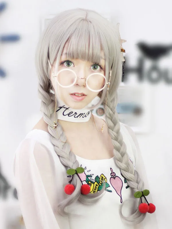 Cute Lolita Wigs Sweet Light Gray Long Curly Synthetic Lolita Hair Wigs With Bangs