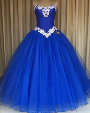 Delicate Royal Blue Quinceanera Dresses with Beadings Strapless Organza Ball Gown Sweet 16 Dress