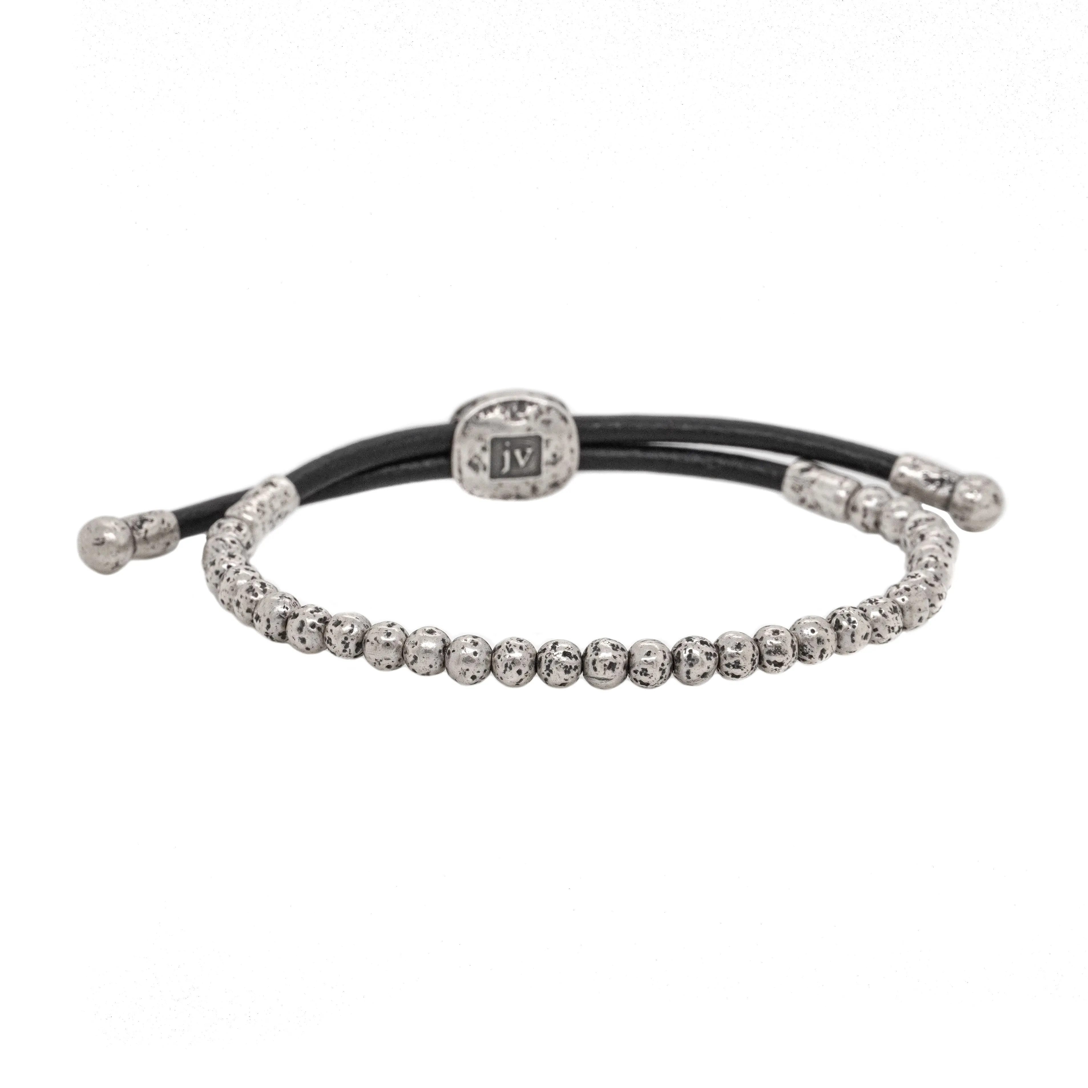 Distressed Silver Bead and Leather Cord Bolo Bracelet
