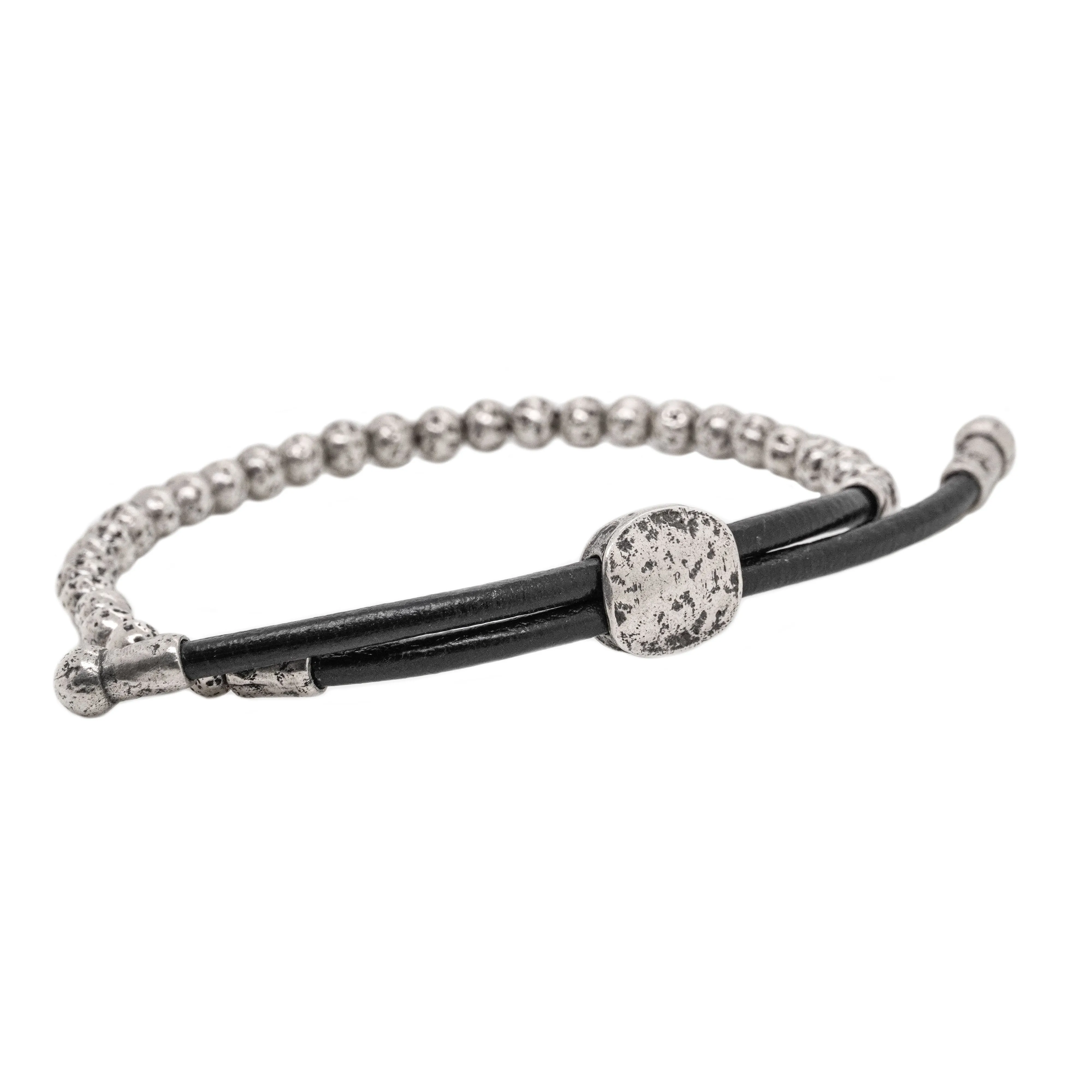 Distressed Silver Bead and Leather Cord Bolo Bracelet