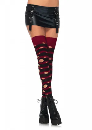 Distressed Striped Thigh Highs  - One Size - Black/ Burgundy