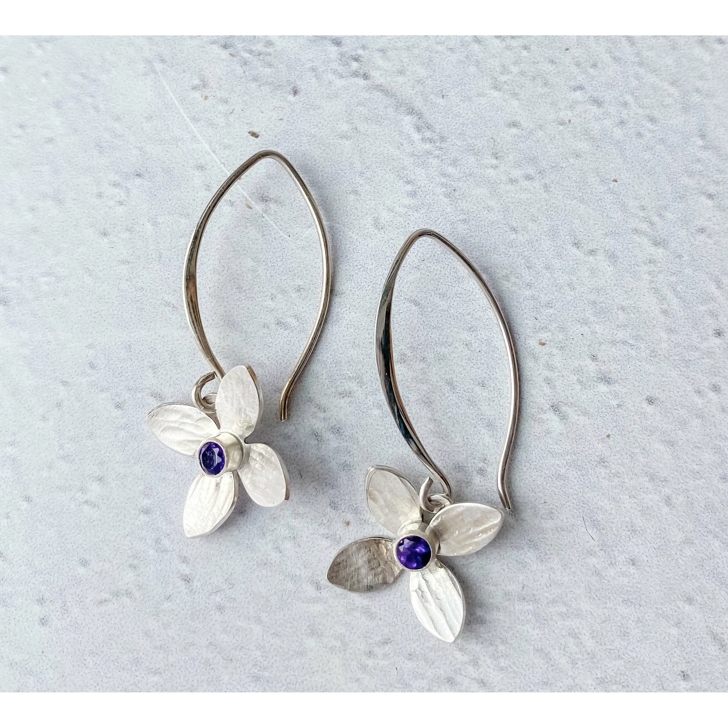 Eloquent Petals ~ Sterling Silver Flower Earring Dangles with Amethyst Gemstones