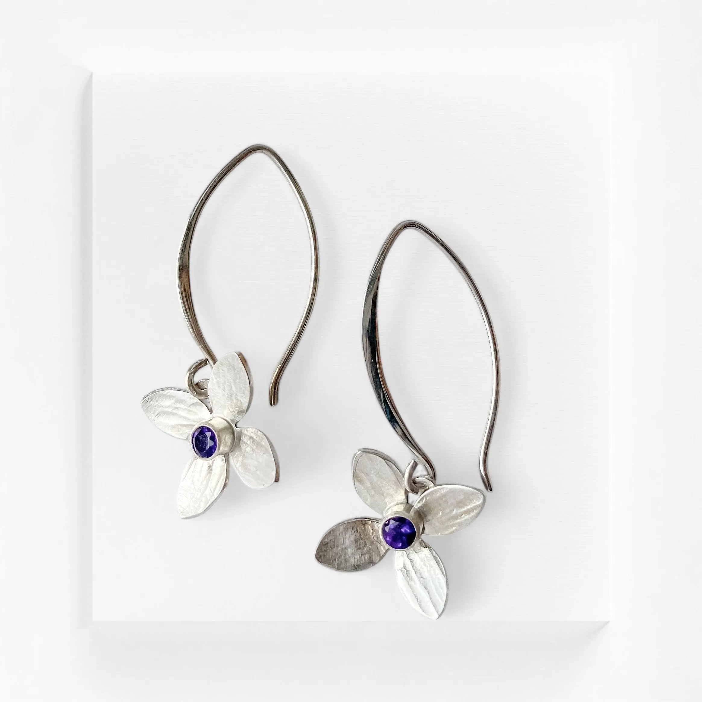 Eloquent Petals ~ Sterling Silver Flower Earring Dangles with Amethyst Gemstones