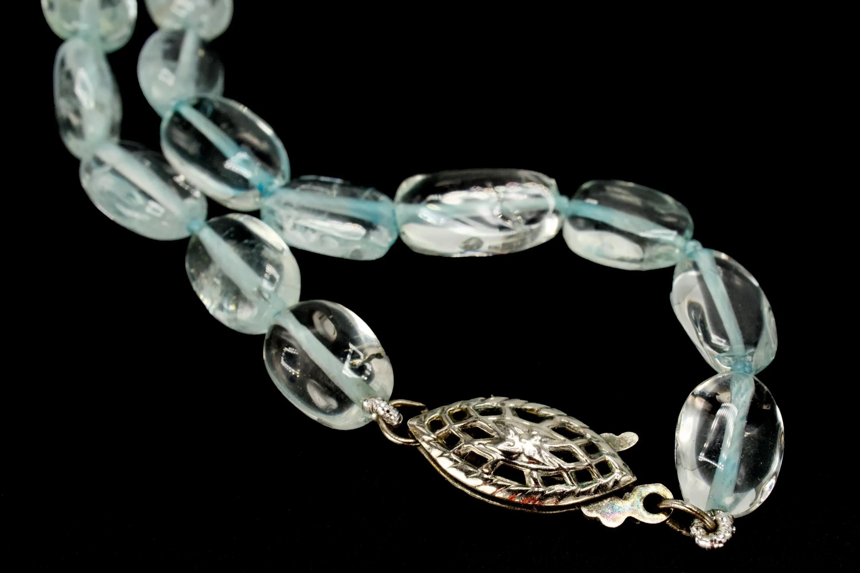 Estate Aquamarine Bead Necklace with White Gold Filigree Clasp