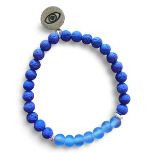Evil Eye Protection Blue Lava Rock and Frosted Blue Glass Bracelet