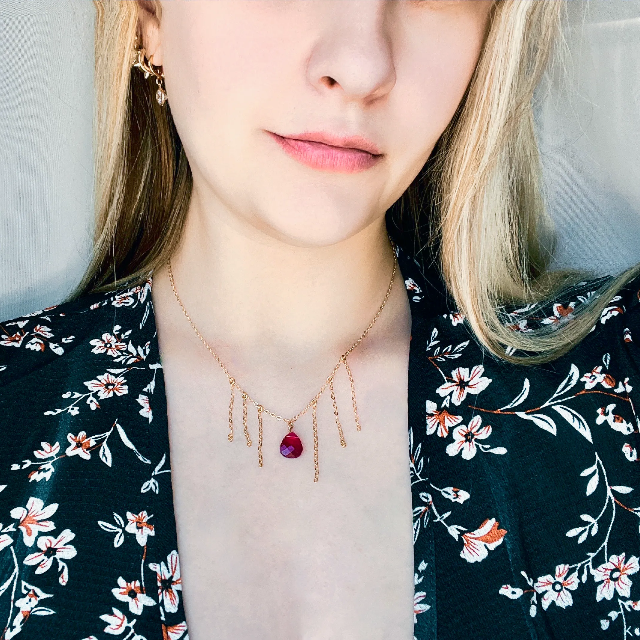 Gem Ruby Red Crystal Gold Necklace