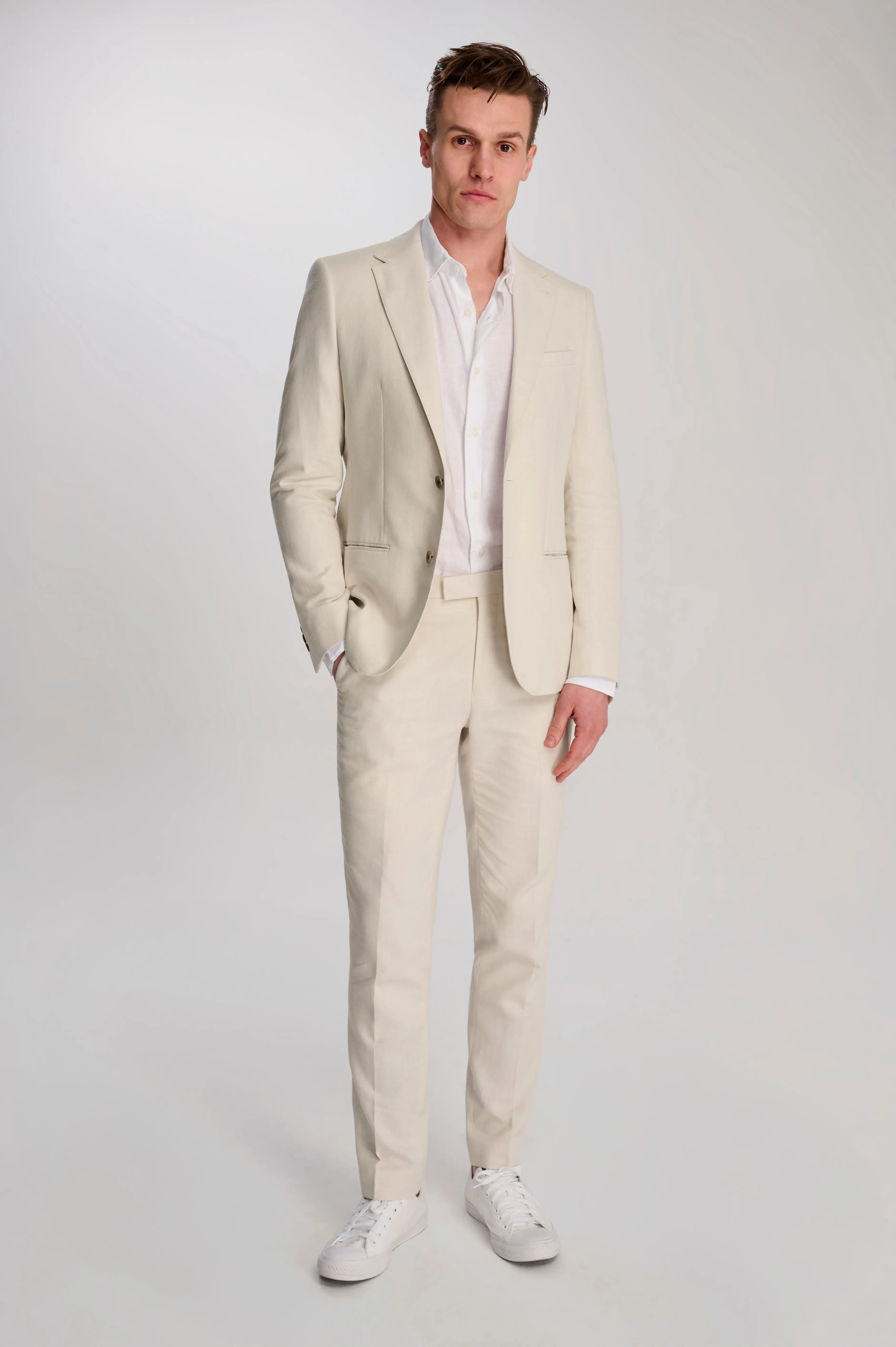 Giacomo Slim Fit Cotton Linen Suit Trousers in Stone