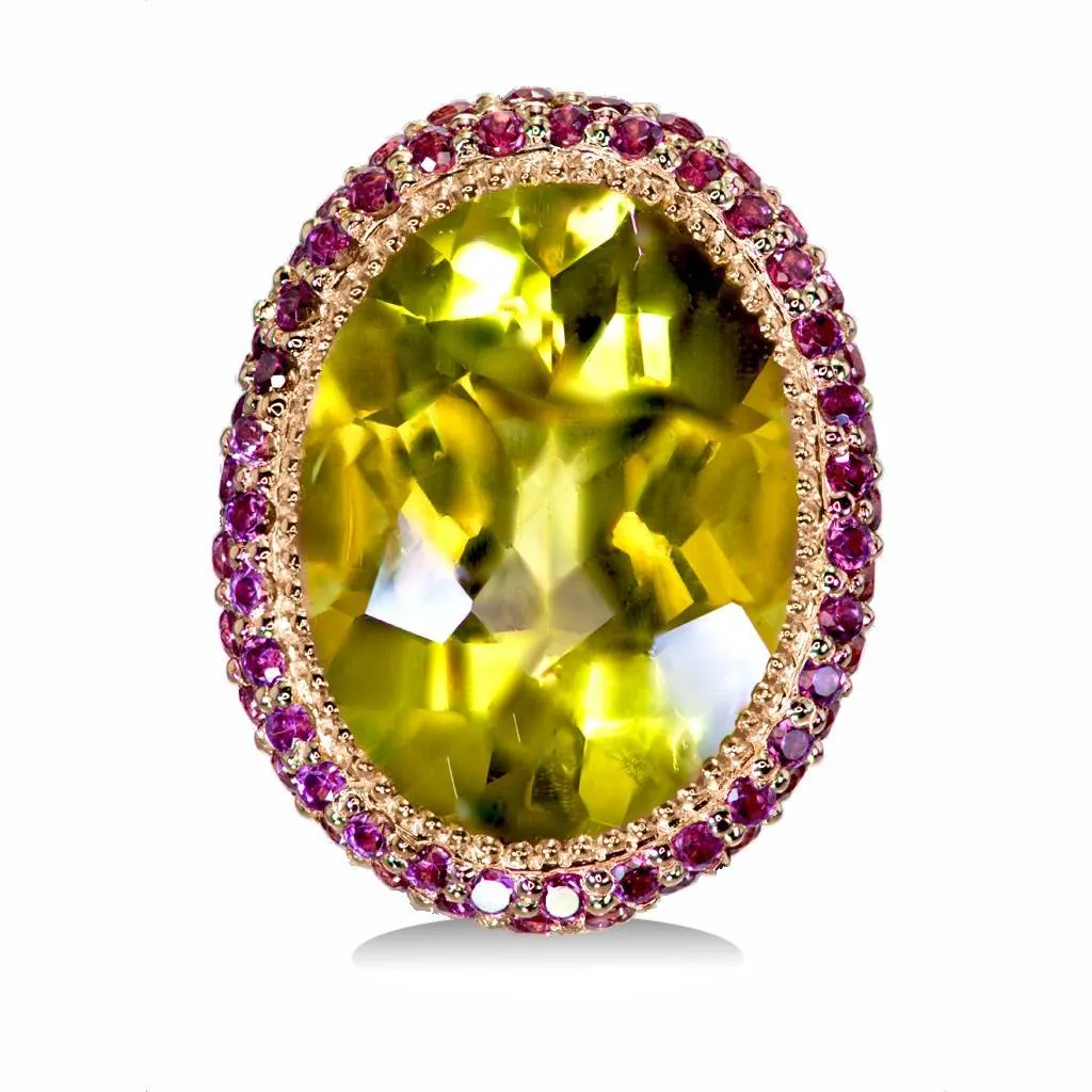 Gold Cocktail Ring with Lemon Citrine & Garnets
