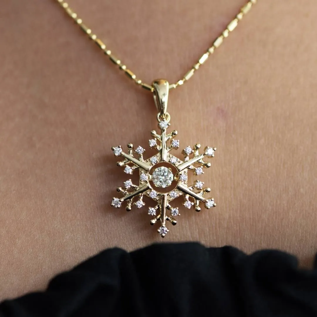 Gold Dancing Diamond Snowflake Necklace