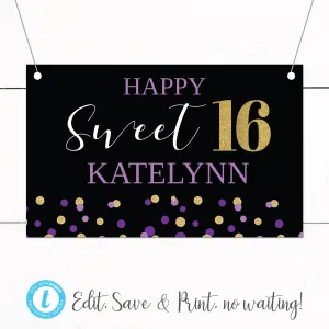 Gold Purple Glitter Sweet 16 Birthday Party Banner