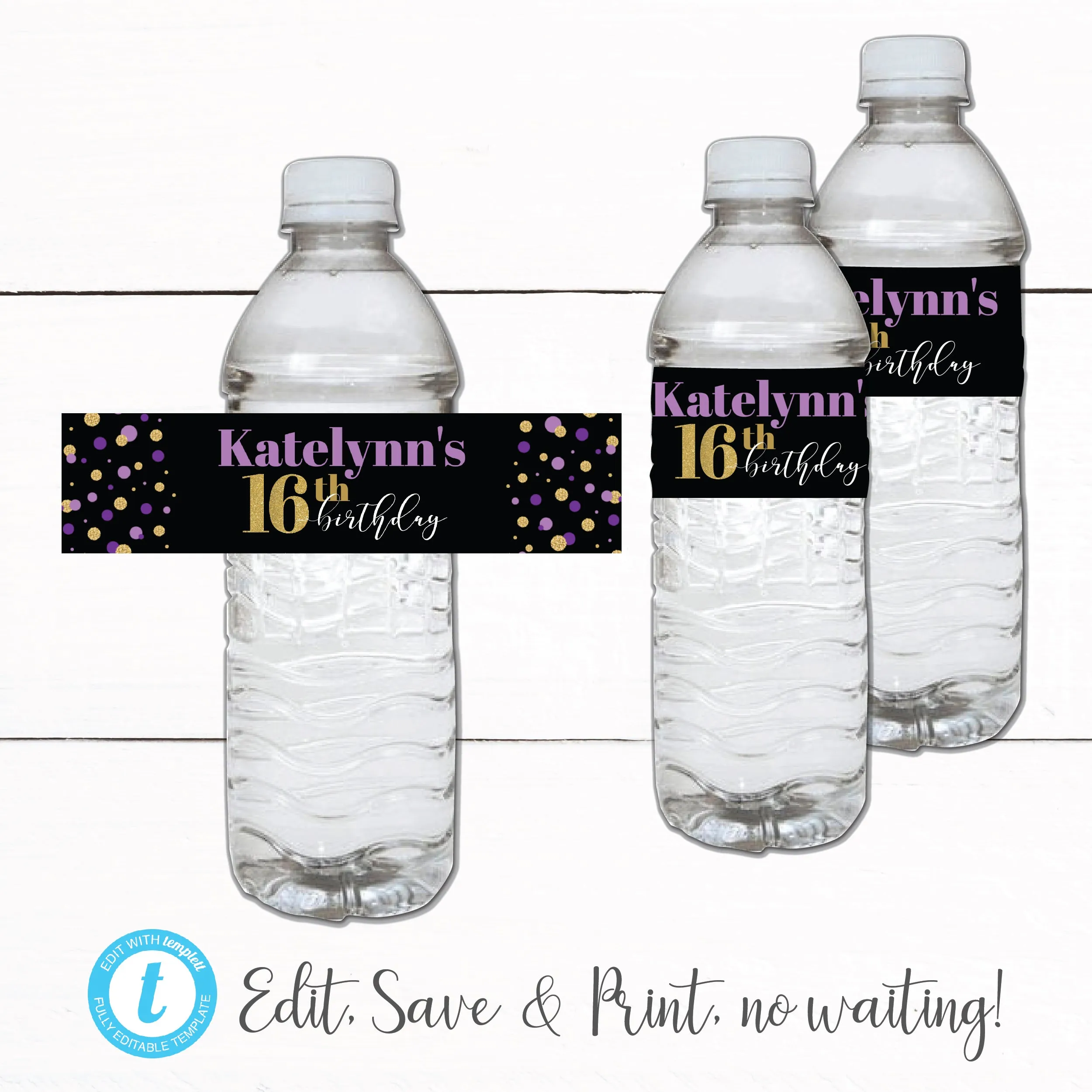 Gold Purple Glitter Sweet 16 Birthday Party Decor Water Bottle Labels