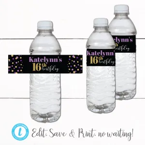 Gold Purple Glitter Sweet 16 Birthday Party Decor Water Bottle Labels