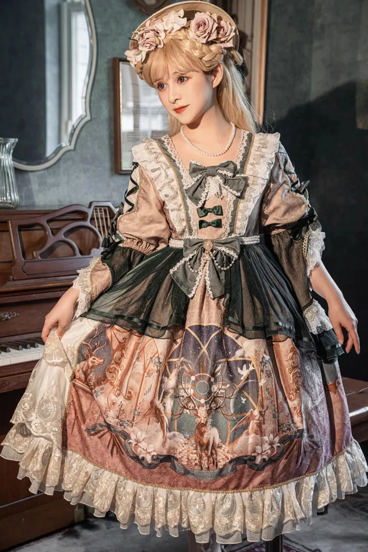Green Gorgeous Short Sleeves Ruffle Bowknot Print Classic Lolita Dress