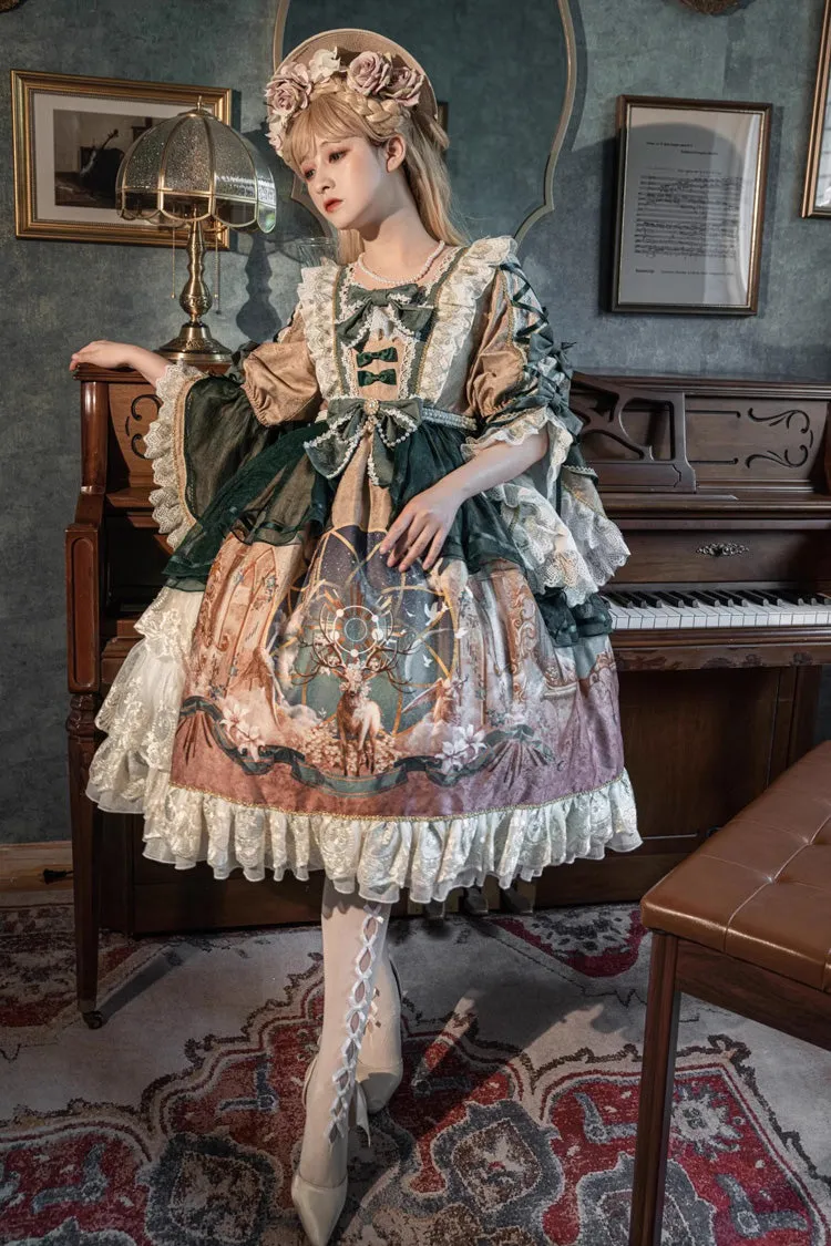Green Gorgeous Short Sleeves Ruffle Bowknot Print Classic Lolita Dress