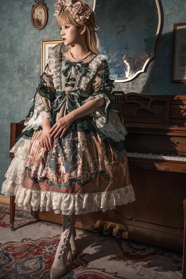 Green Gorgeous Short Sleeves Ruffle Bowknot Print Classic Lolita Dress
