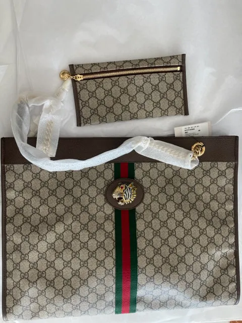 Gucci Rajah Tiger Large Tote Lion Beige Logo GG Bag Italy Handbag Brown NEW