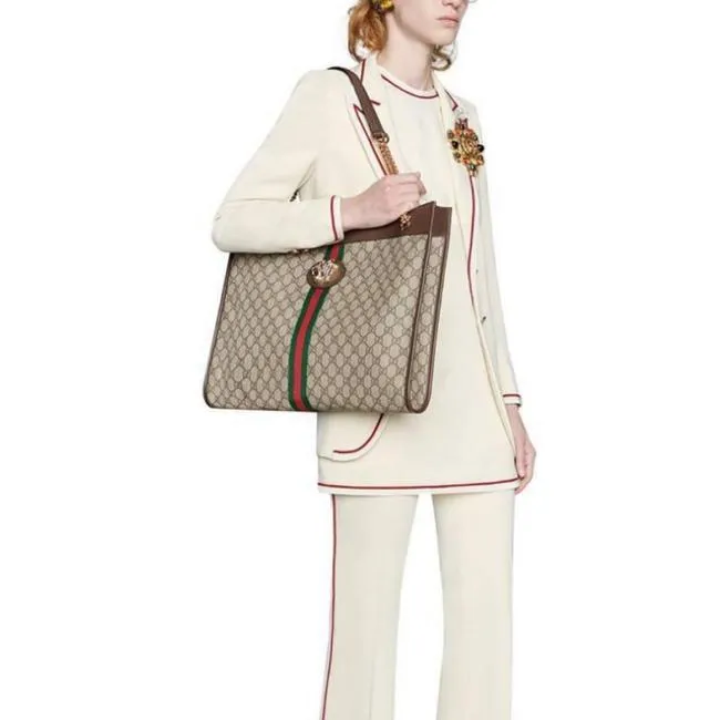 Gucci Rajah Tiger Large Tote Lion Beige Logo GG Bag Italy Handbag Brown NEW