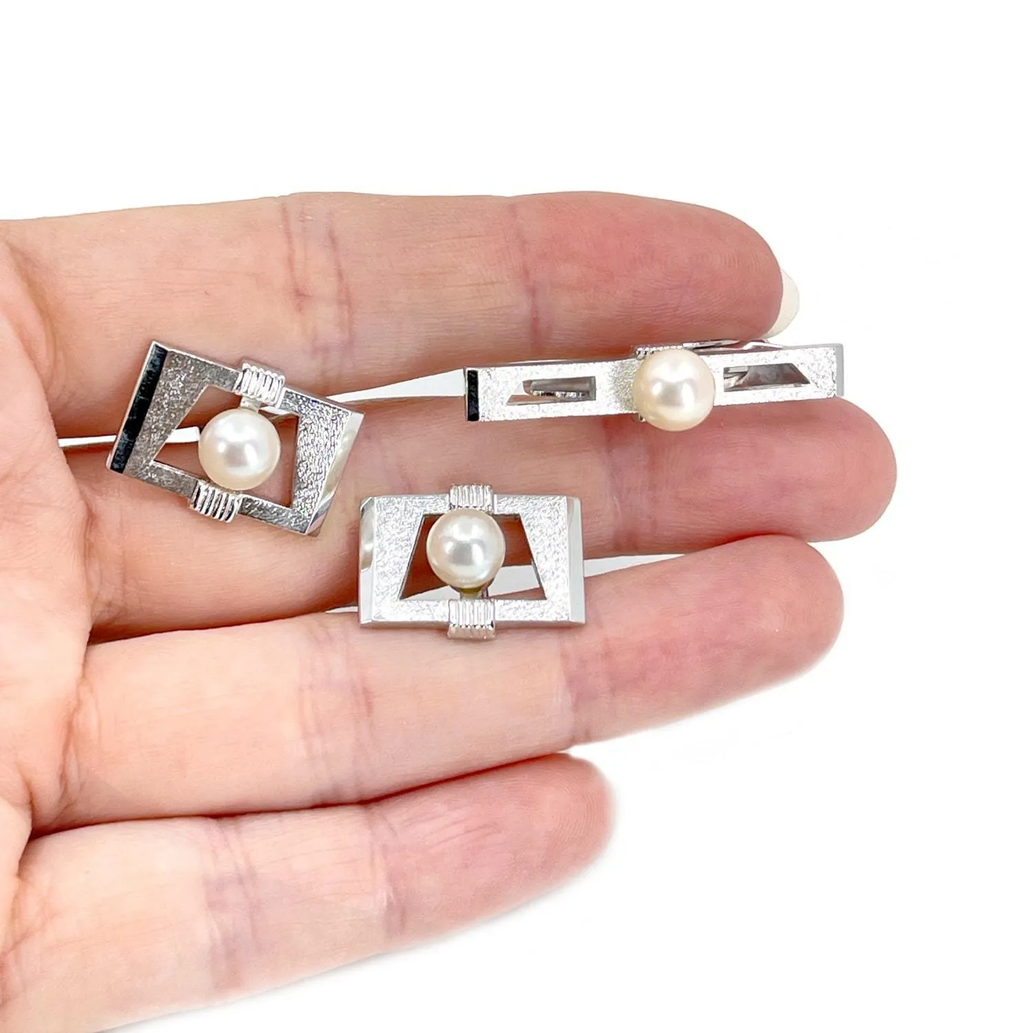 Hiroshima Pearl Designer Japanese Cultured Akoya Pearl Mid Century Tie Bar Cufflinks Set- Sterling Silver