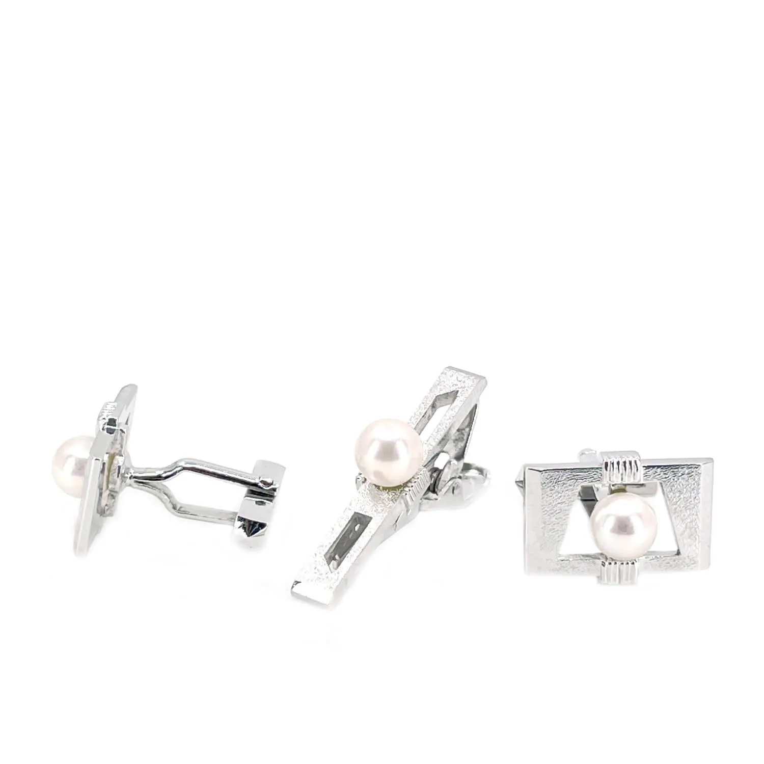 Hiroshima Pearl Designer Japanese Cultured Akoya Pearl Mid Century Tie Bar Cufflinks Set- Sterling Silver