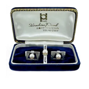 Hiroshima Pearl Designer Japanese Cultured Akoya Pearl Mid Century Tie Bar Cufflinks Set- Sterling Silver