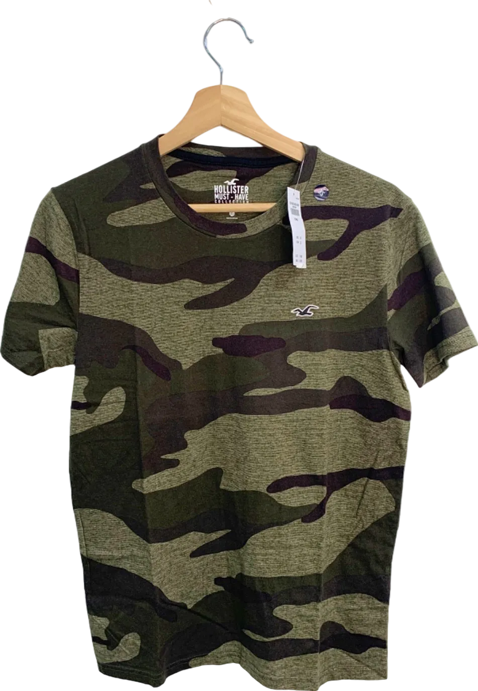 Hollister Green Camouflage Print T-Shirt UK XS