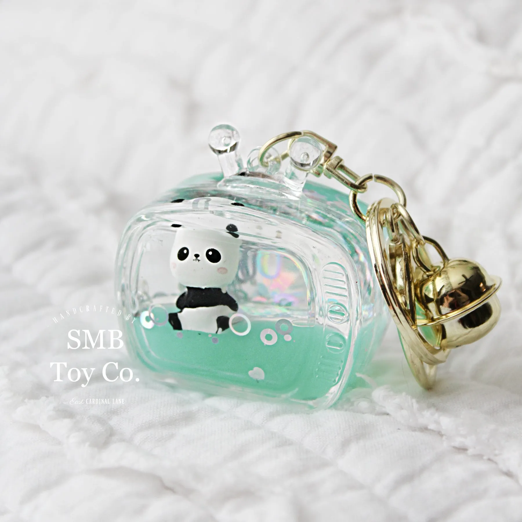 Keychain - Backpack/ Bag Charm - Liquid-Filled Television with Panda, Green