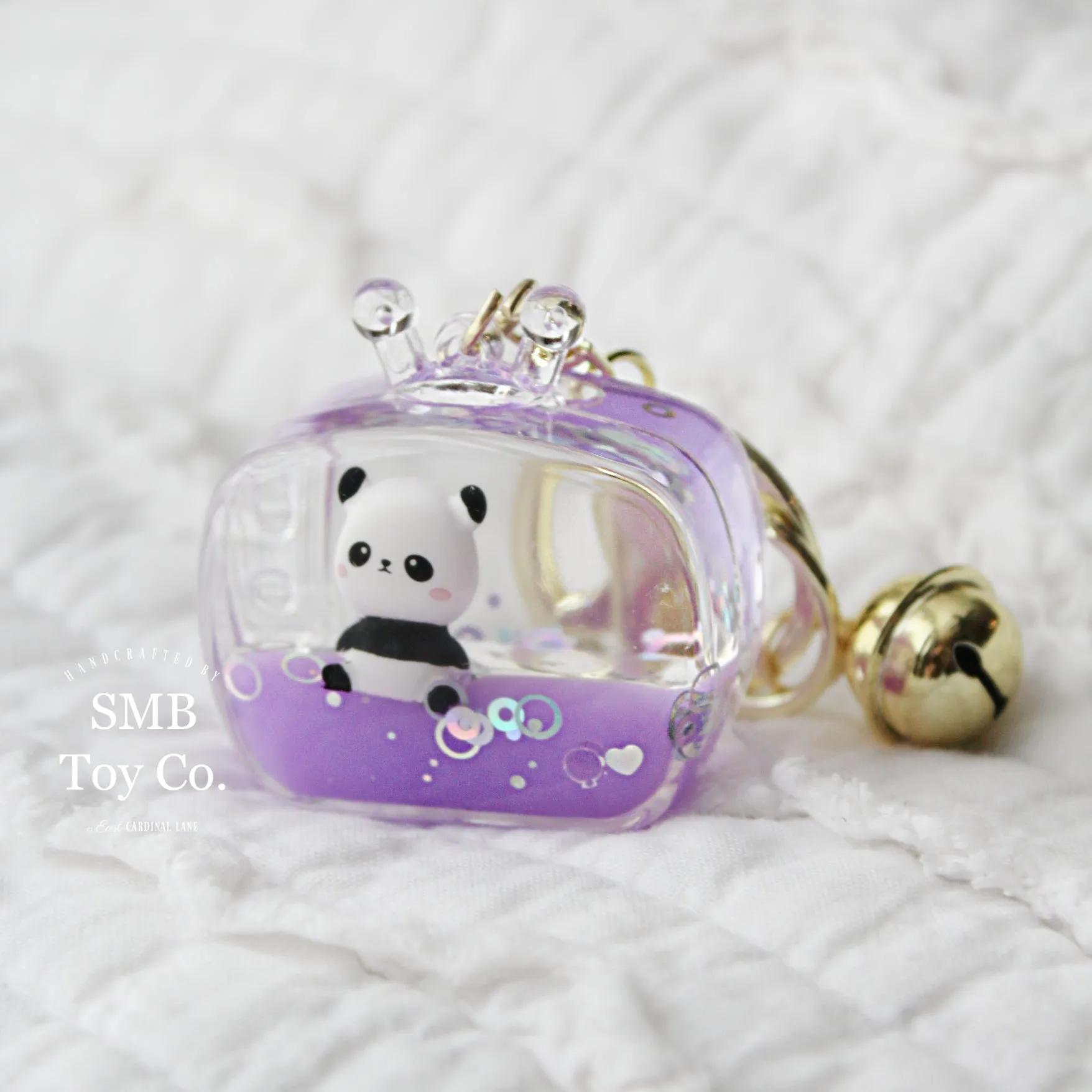 Keychain - Backpack/ Bag Charm - Liquid-Filled Television with Panda, Purple