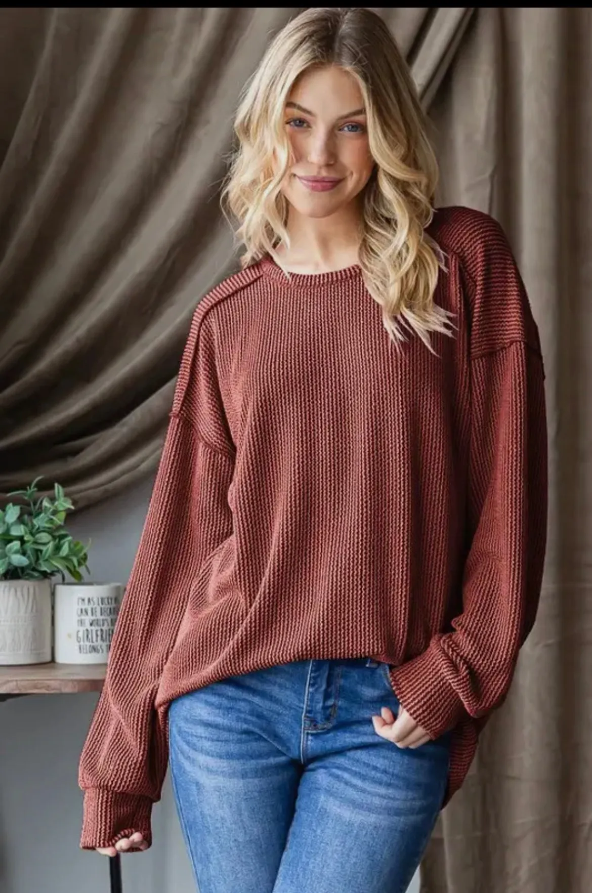 Long Puff Sleeve Solid Urban Ribbed Top