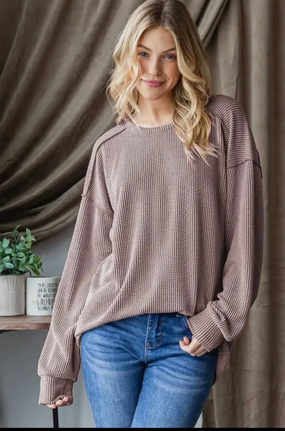 Long Puff Sleeve Solid Urban Ribbed Top