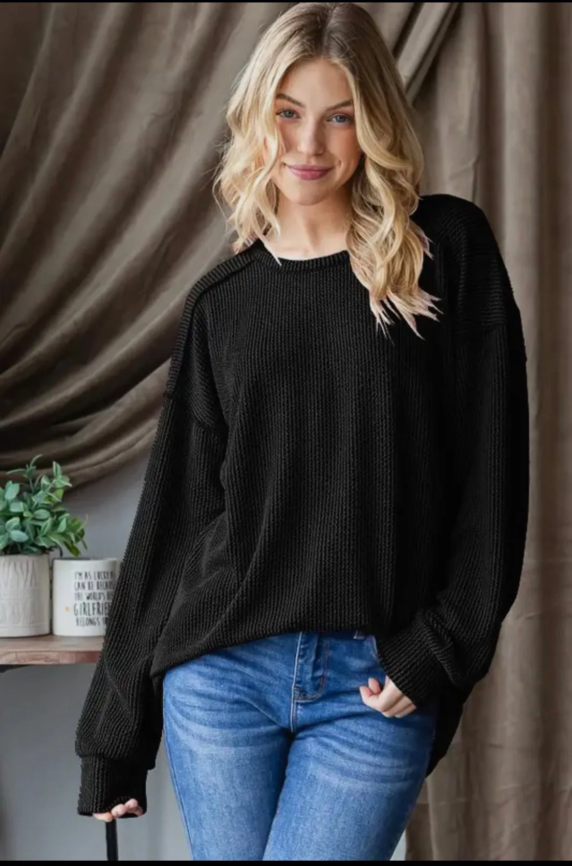Long Puff Sleeve Solid Urban Ribbed Top