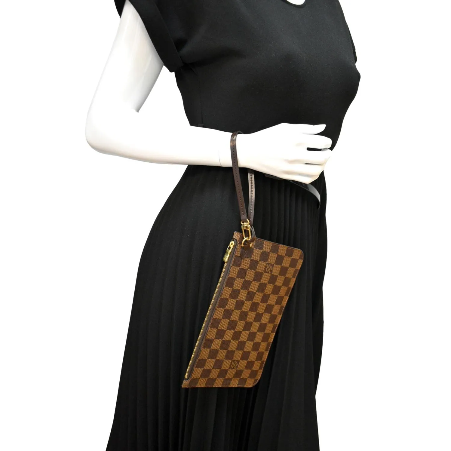 LOUIS VUITTON Neverfull Damier Ebene Pochette Wristlet Pouch Brown