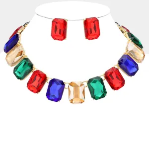 Multi-Color Crystal Emerald Cut Stone Link Statement Necklace | Homecoming Jewelry | 599108