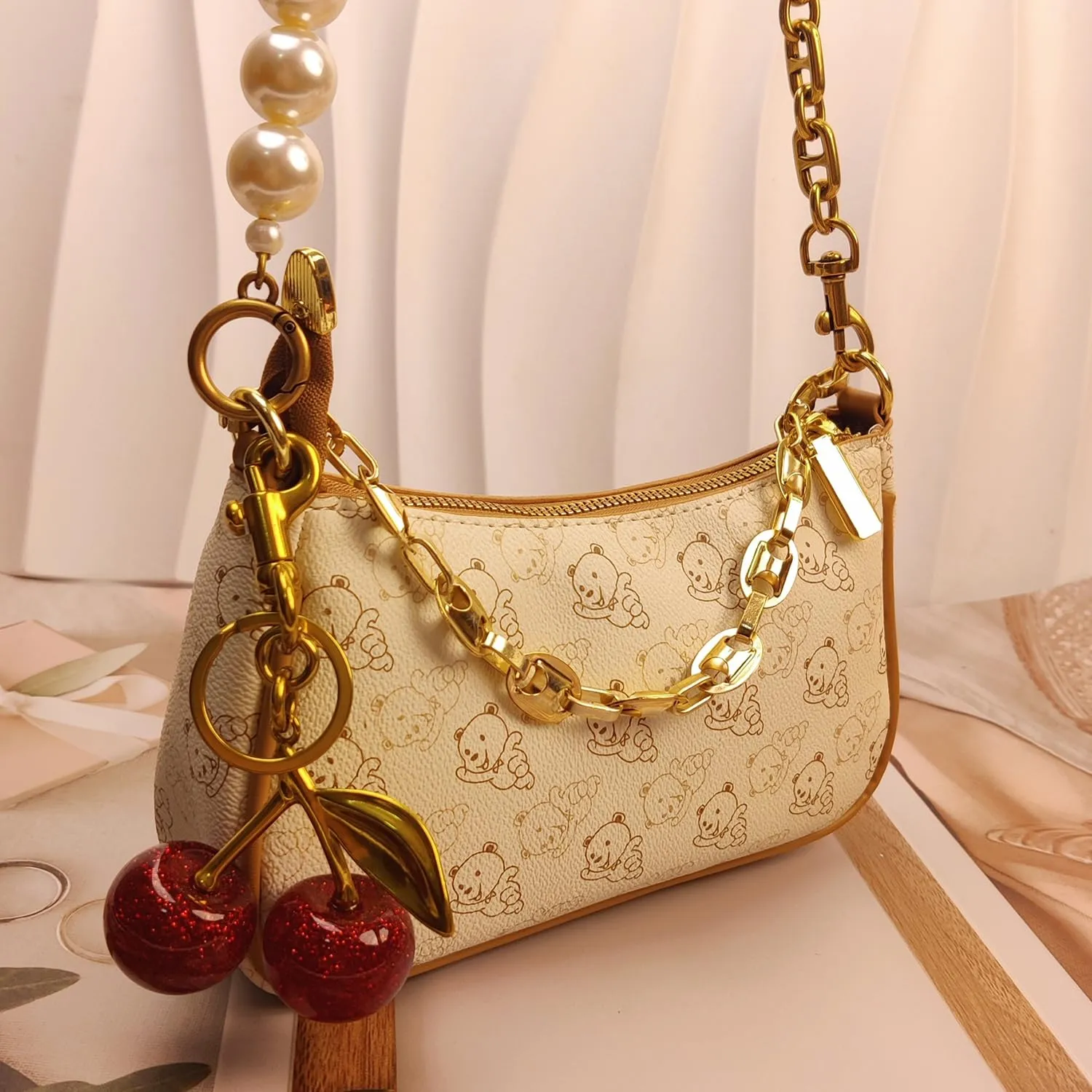 Nalefow 3PCS Vintage Gold Pearl Bag Extender Chain Purse Strap Extenders Sweet Cherry Bag Charm Keychain Purse Handbags Accessories for Womens (Sweet Cherry Pearl Extender Chain)