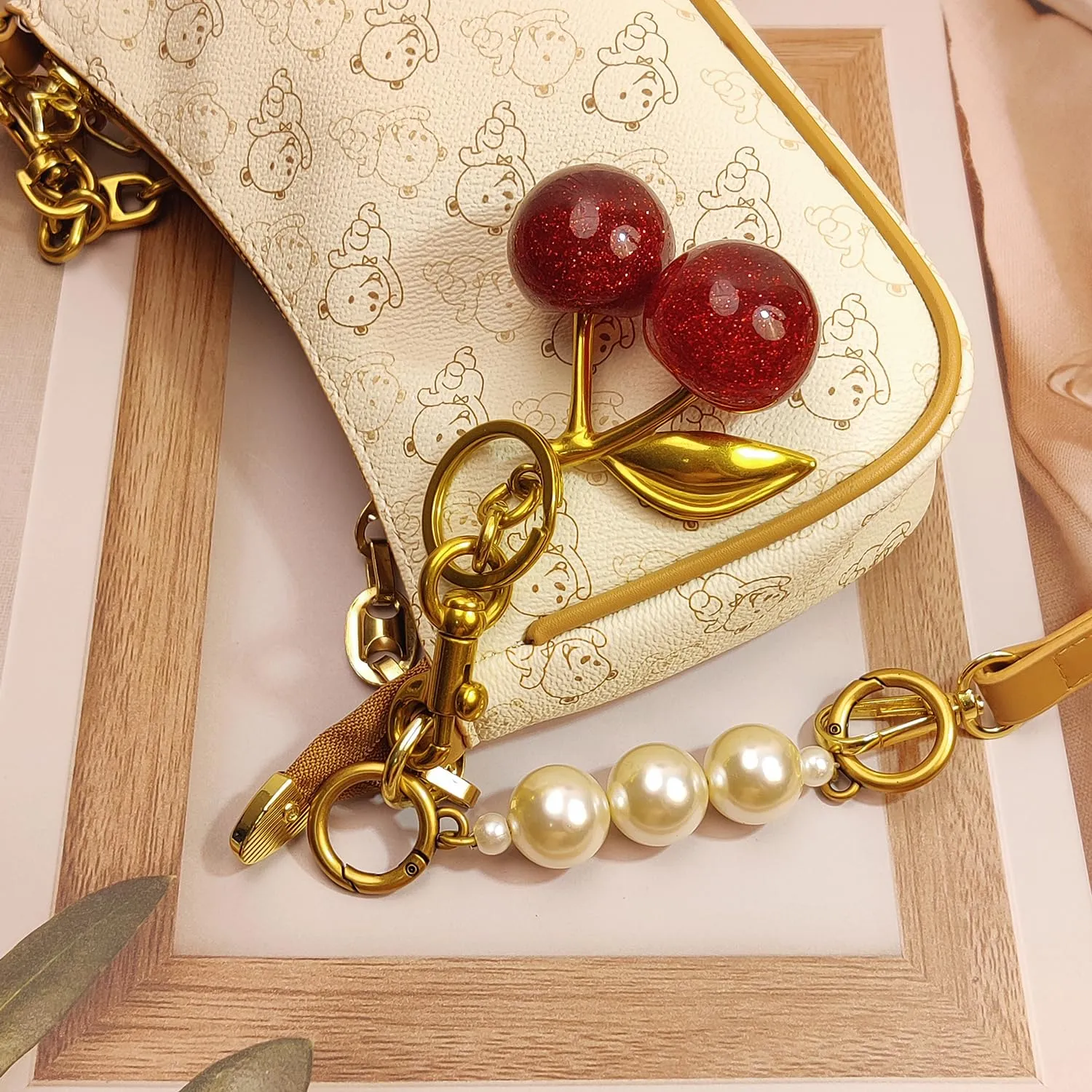 Nalefow 3PCS Vintage Gold Pearl Bag Extender Chain Purse Strap Extenders Sweet Cherry Bag Charm Keychain Purse Handbags Accessories for Womens (Sweet Cherry Pearl Extender Chain)