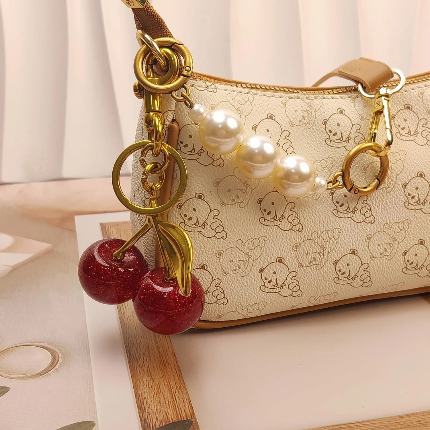 Nalefow 3PCS Vintage Gold Pearl Bag Extender Chain Purse Strap Extenders Sweet Cherry Bag Charm Keychain Purse Handbags Accessories for Womens (Sweet Cherry Pearl Extender Chain)