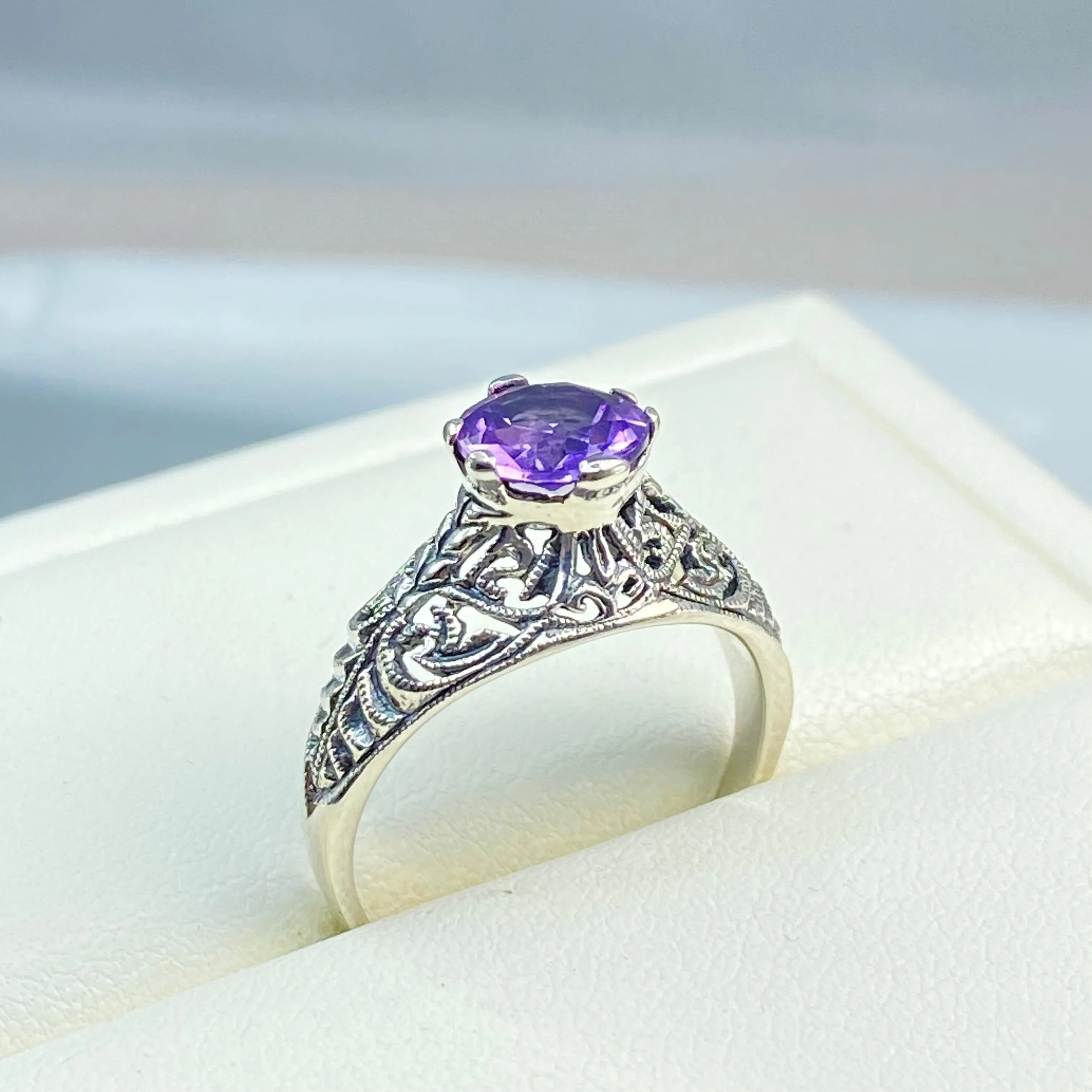 Natural Amethyst Ring, Romantic Wedding Corset Ring #D199