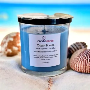 Ocean Breeze Soy Wax Candle in a Glass Jar with a Black Lid