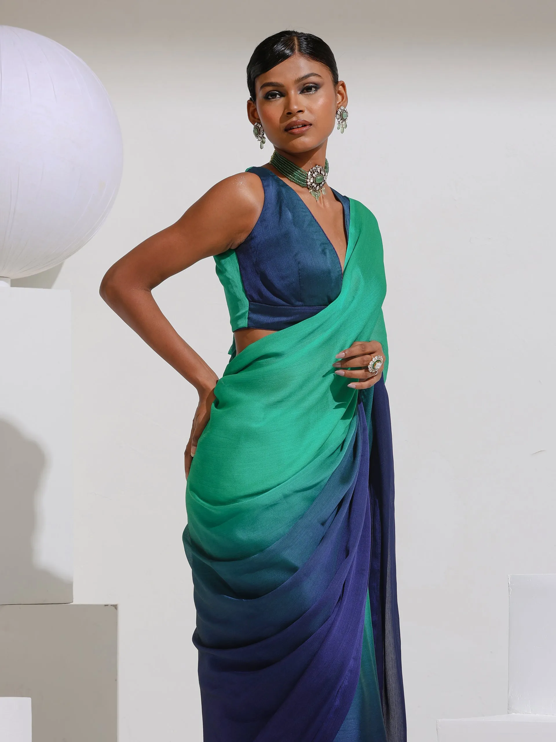 Parrot & Navy Chiffon Ombre Saree with Beads and Self-Blouse Fabric
