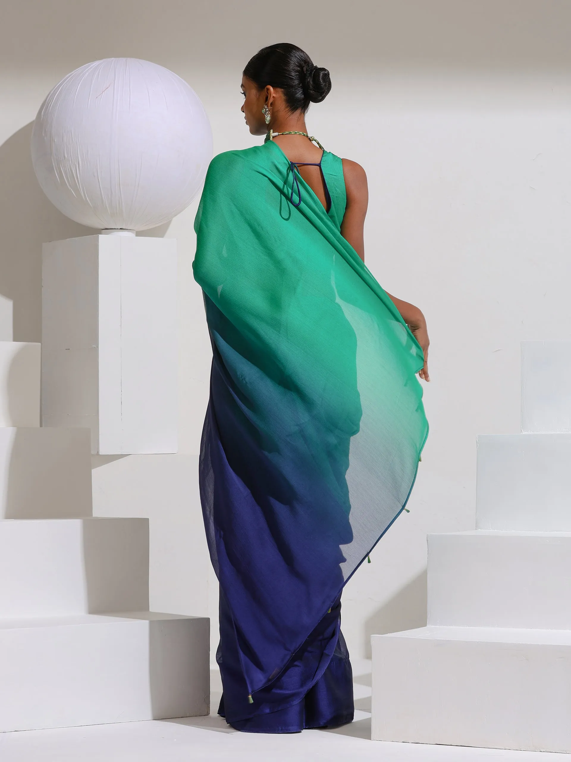 Parrot & Navy Chiffon Ombre Saree with Beads and Self-Blouse Fabric