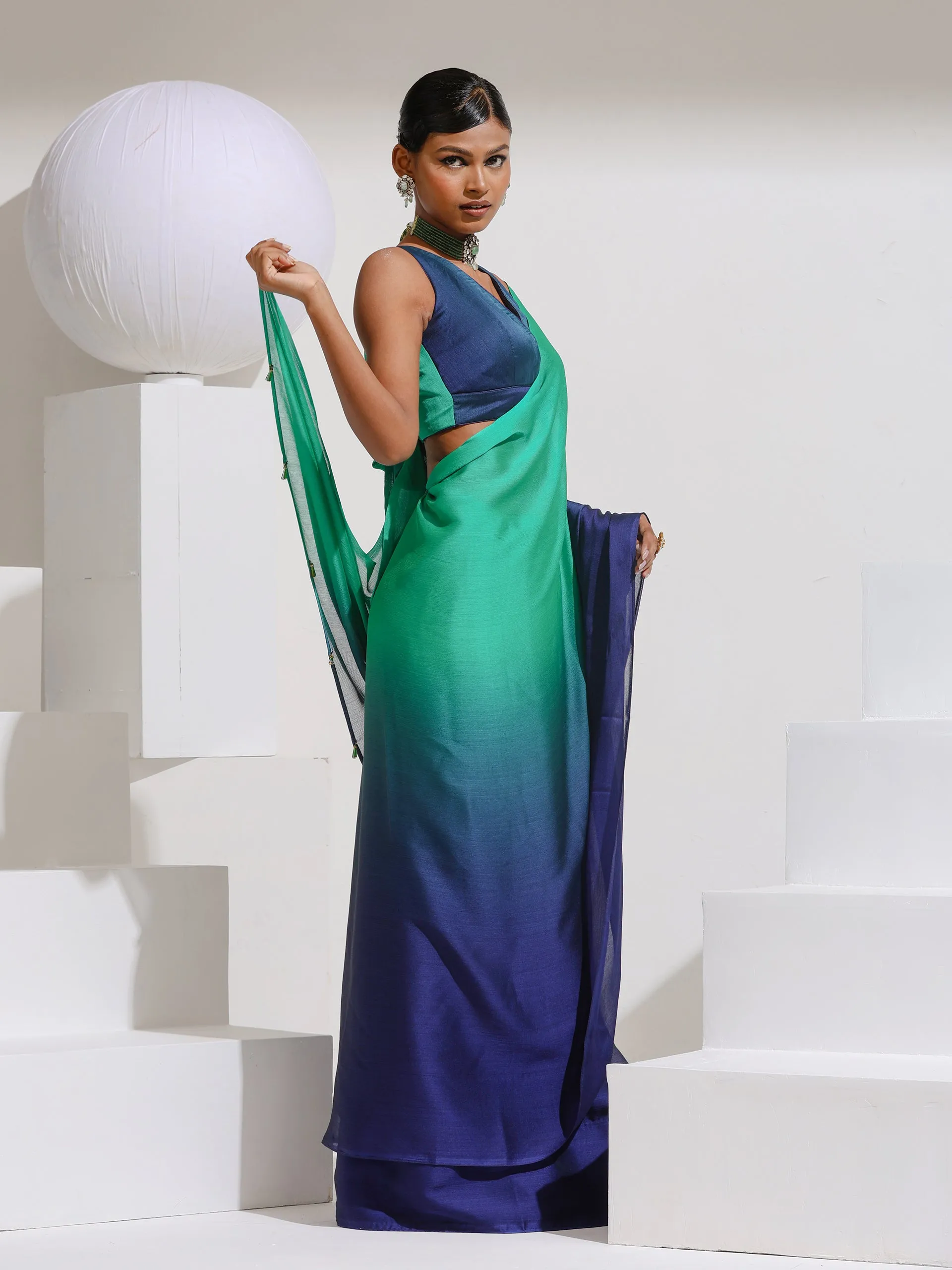 Parrot & Navy Chiffon Ombre Saree with Beads and Self-Blouse Fabric