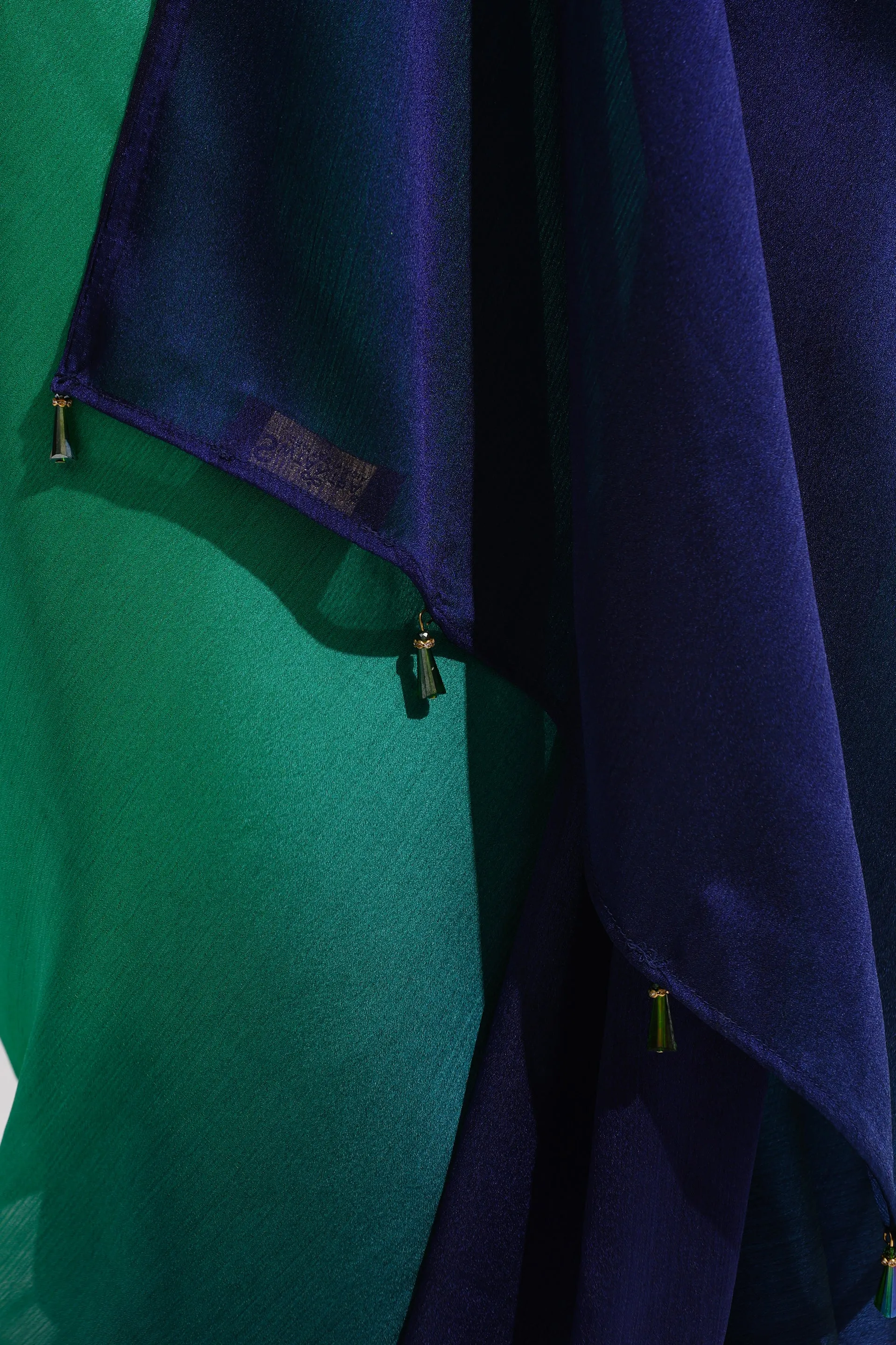 Parrot & Navy Chiffon Ombre Saree with Beads and Self-Blouse Fabric
