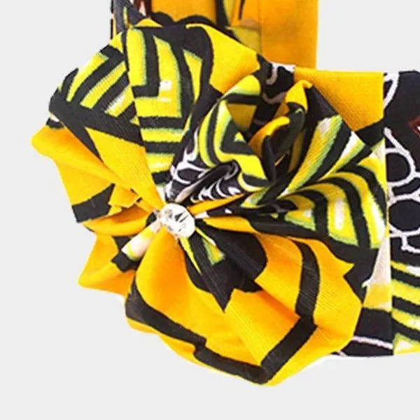 Patterned Yellow Fabric Flower Accented Cuff Bracelet