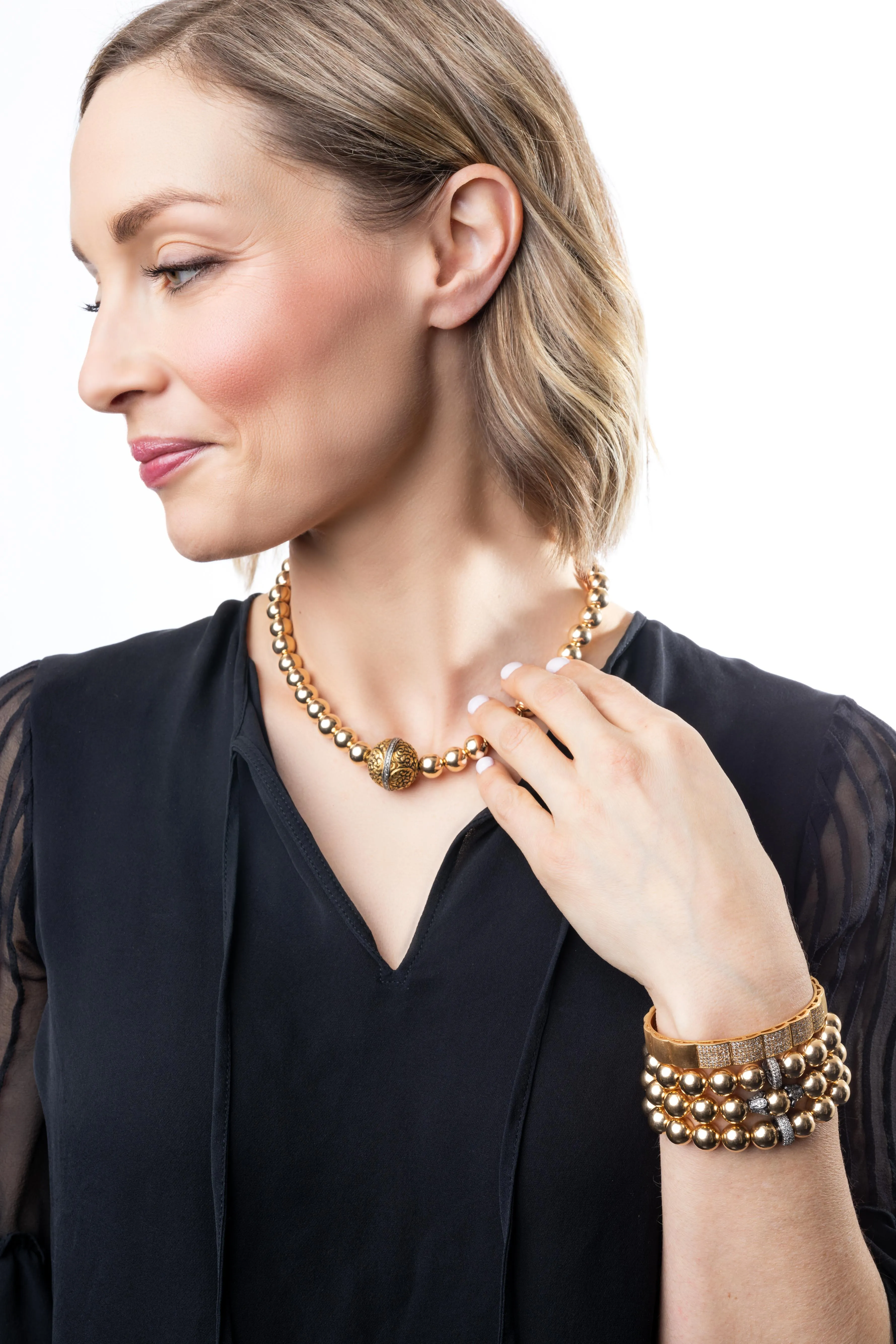 Pave Diamond, 10 MM Gold Filled Bead Necklace