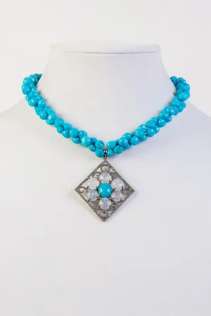 Pave diamond and moonstone and turquoise pendant on turquoise faceted briolettes