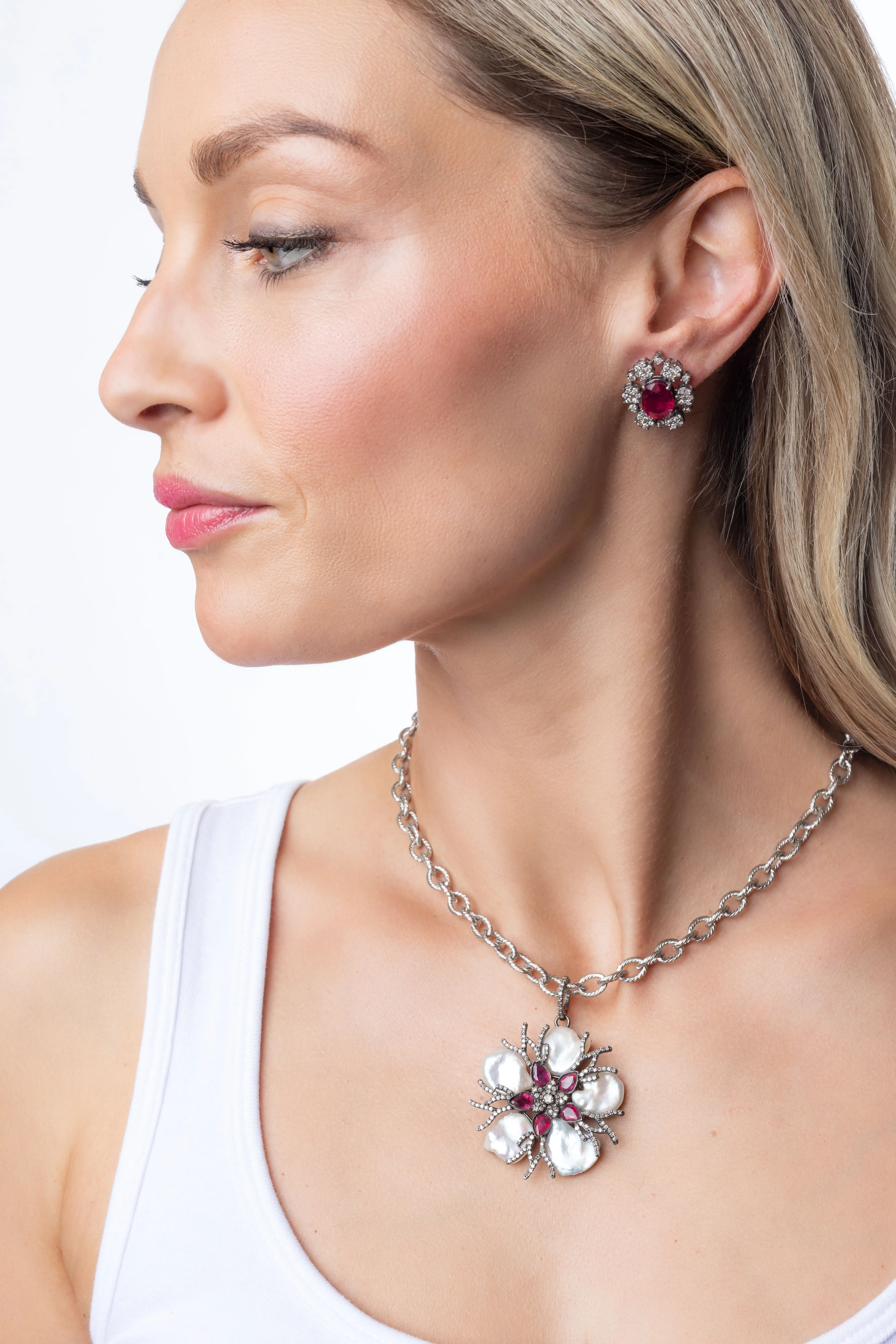 Pave Diamond, Ruby Cluster Earring